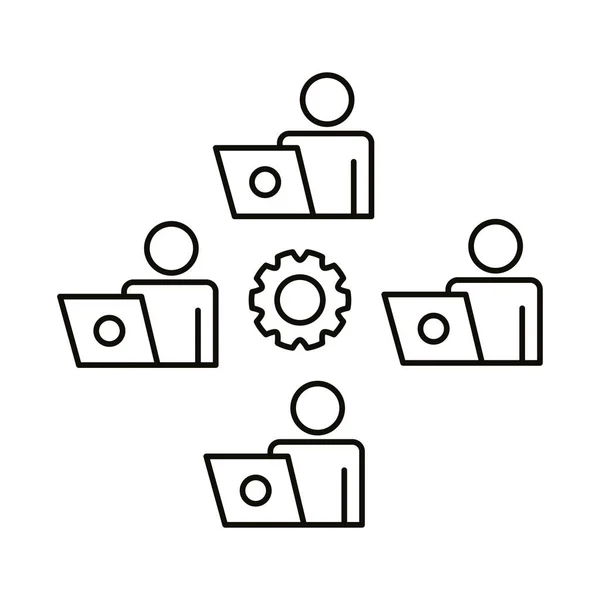 Quatre travailleurs avec des ordinateurs portables et engrenages icône de style ligne de coworking — Image vectorielle
