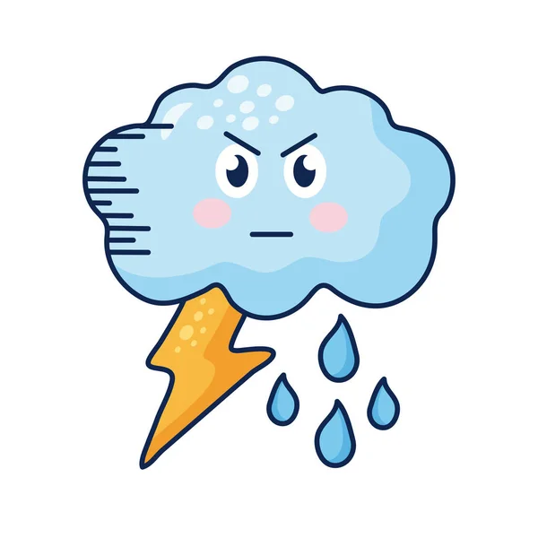 Облако с лучами и дождь Kawaii погода комический характер — стоковый вектор