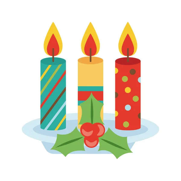 Happy merry christmas berries and leafs with candles flat style icon — Stock Vector