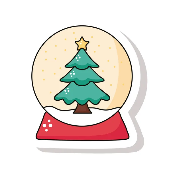 Feliz árvore de pinho de natal alegre no ícone de etiqueta de esfera nevada — Vetor de Stock