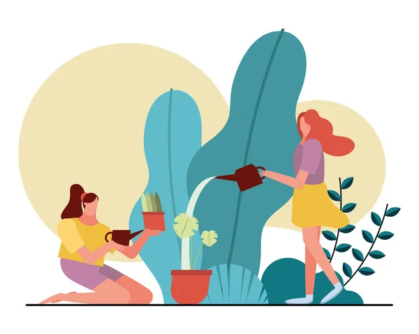 Mulheres jovens cuidar de plantas nos personagens do jardim — Vetor de Stock