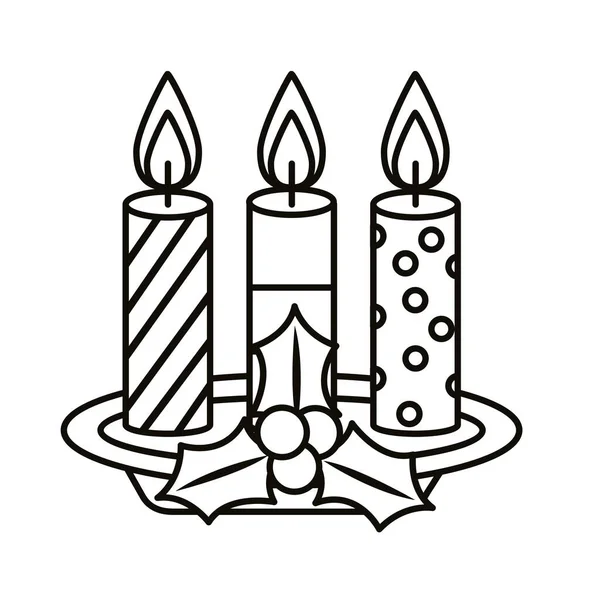 Felice Natale bacche e foglie con candele icona in stile linea — Vettoriale Stock