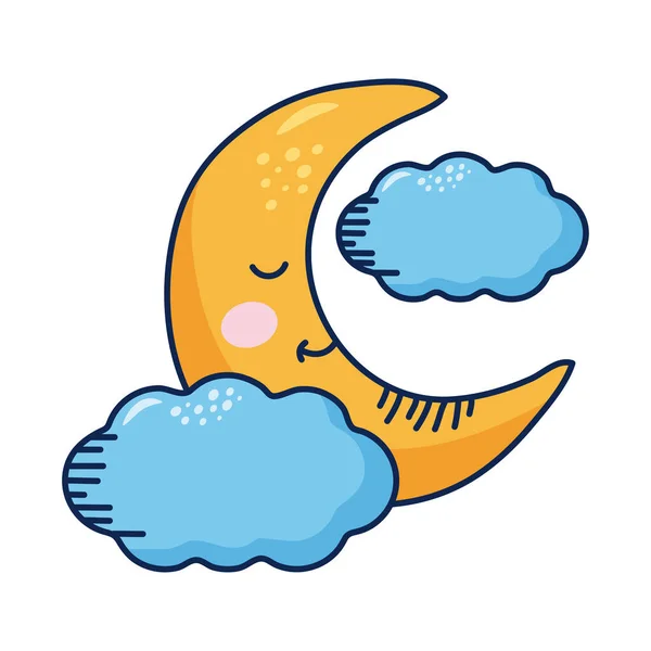 Luna crescente e nuvole kawaii tempo personaggio comico — Vettoriale Stock