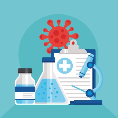 covid19 aşı posteri ve set laboratuvar simgeleri