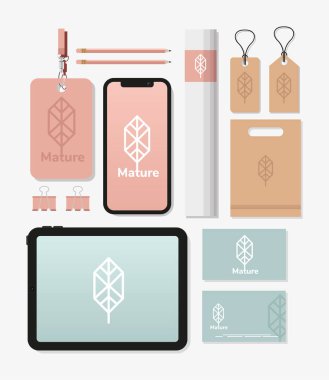 Model demeti içeren kimlik kartı beyaz arkaplandaki elementleri ayarlar