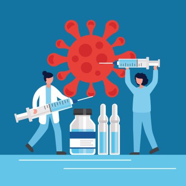 Doktorların şırınga ve şişeleri kaldırdığı kovid19 aşı posteri