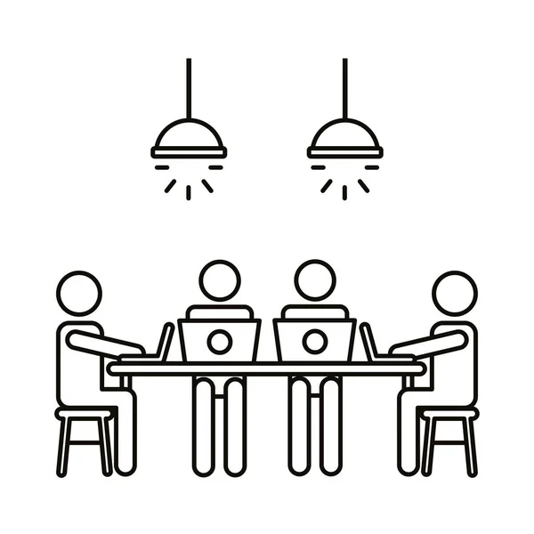Quatro trabalhadores na tabela com laptops coworking ícone de estilo de linha — Vetor de Stock