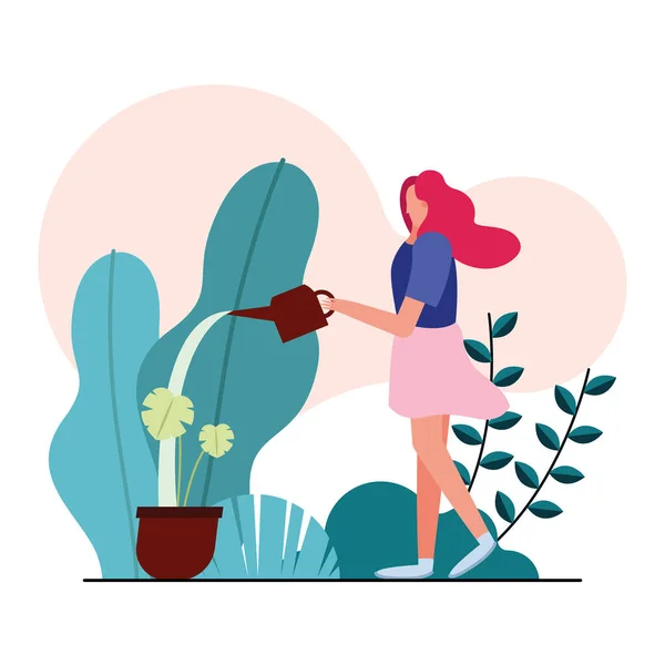 Genç bir kadın bahçede bitkilerle ilgileniyor. — Stok Vektör