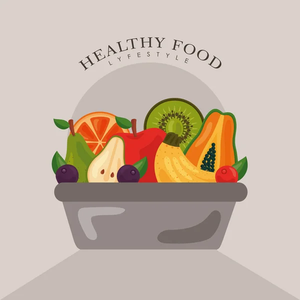 Tazón con frutas y verduras frescas iconos de alimentos saludables — Vector de stock