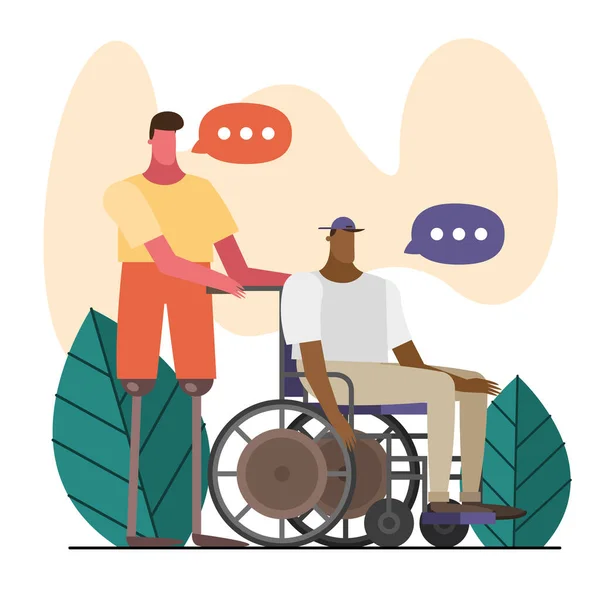 Młodzi mężczyźni z protezą nóg i niepełnosprawnymi postaciami wózków inwalidzkich — Wektor stockowy