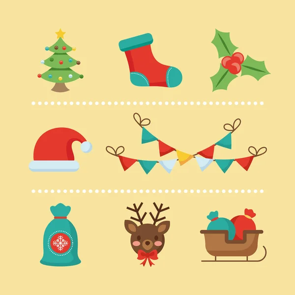 Paquete de ocho feliz Navidad conjunto de iconos de estilo plano — Archivo Imágenes Vectoriales