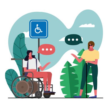 Tekerlekli sandalyeli ve kör karakterli kadınlar