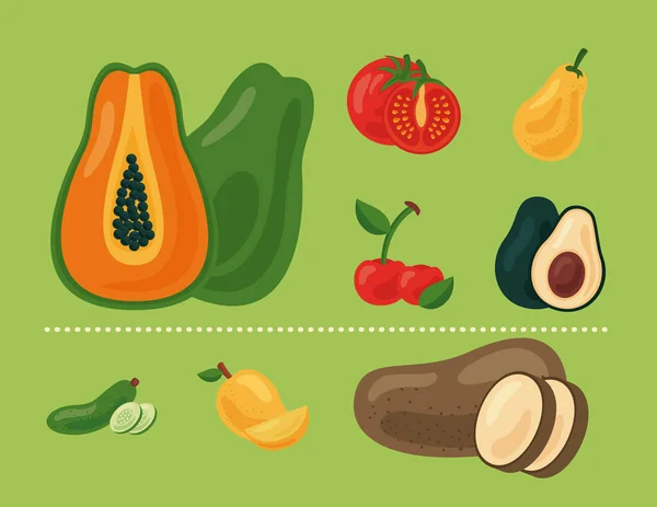 8つの新鮮な果物と野菜の健康食品セットのアイコンの束 — ストックベクタ