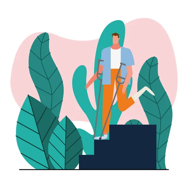 Hombre con muletas deshabilitar personaje persona en escaleras — Vector de stock