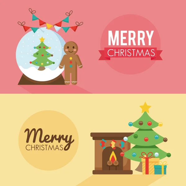 Feliz feliz feliz navidad pinos árboles con esfera nevada y chimenea de estilo plano iconos — Vector de stock