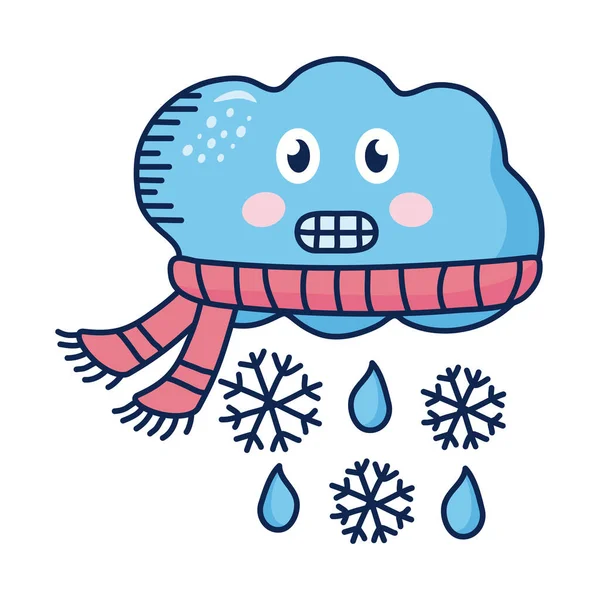 Wolke tragen Schal mit Schneeflocken kawaii Wetter Comic-Figur — Stockvektor