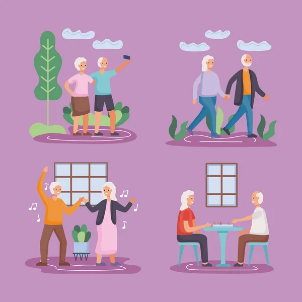 Group of four active seniors couples practicing activities — Stock Vector