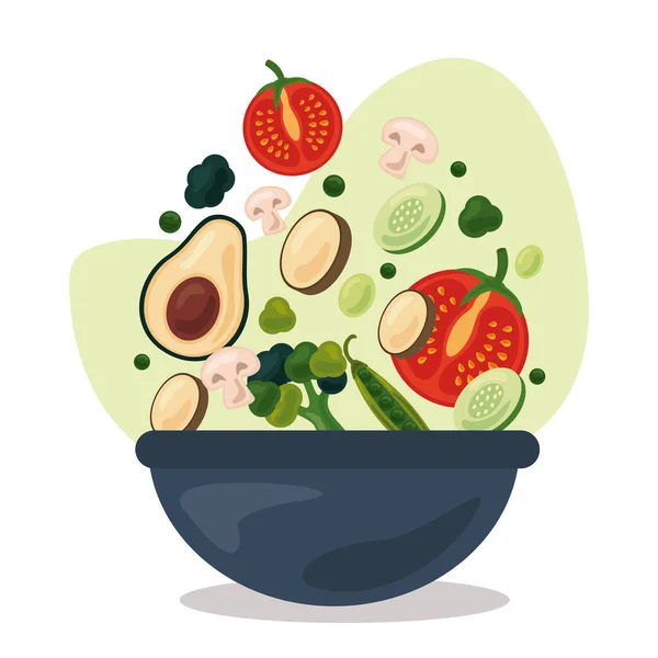 Bowl with fresh fruits and vegetables healthy food set icons — Stock Vector