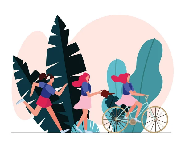 Young women running and bike ride — Stockvector