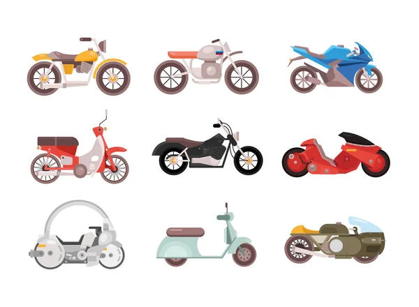 Paket med nio motorcyklar fordon olika stilar — Stock vektor