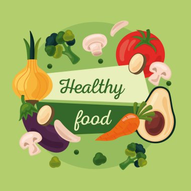 Taze meyve ve sebze. Sağlıklı yiyecek. İkonlar ve harfler.