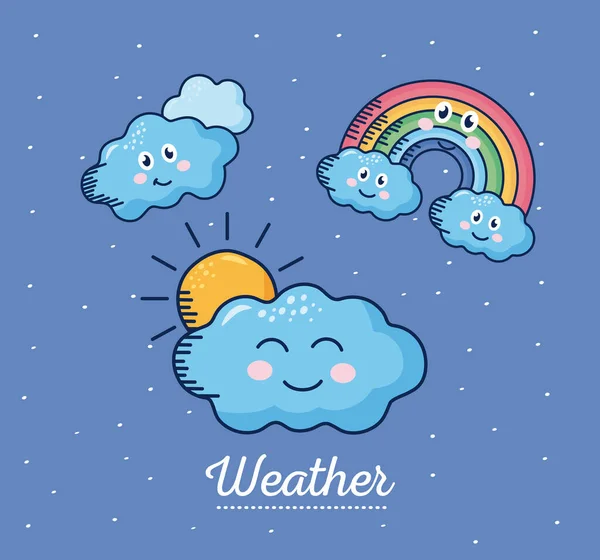 Kawaii weather comic characters and lettering — Stock Vector