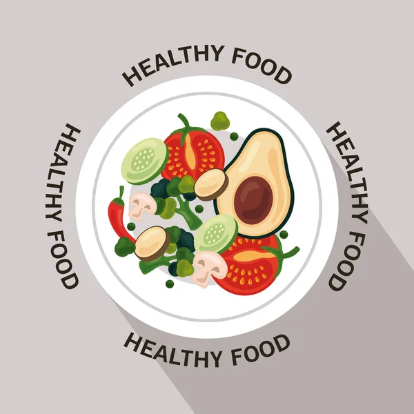 Friss gyümölcsök és zöldségek egészséges élelmiszer körkörös keret felirattal — Stock Vector