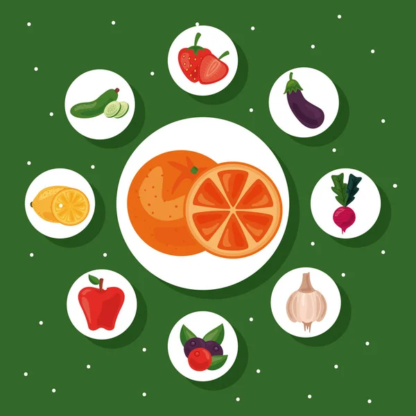 Bundle of nine fresh fruits and vegetables healthy food set icons — Stockvector