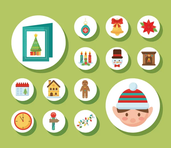 Paquete de catorce feliz Navidad conjunto de iconos de estilo plano — Archivo Imágenes Vectoriales