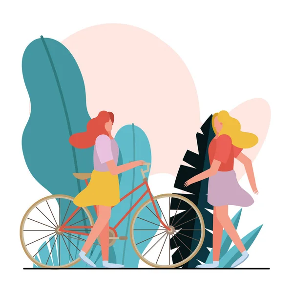 Young women walking and bike ride characters — Vettoriale Stock