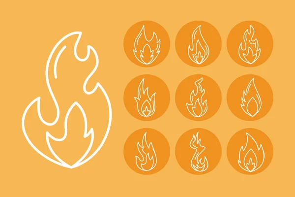 Paquete de llamas fuego línea estilo iconos — Archivo Imágenes Vectoriales