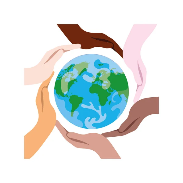 Interracial hands around of earth planet — Stock Vector