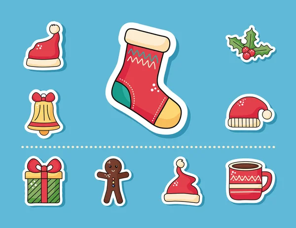 Feliz alegre Natal meia e definir ícones adesivos — Vetor de Stock