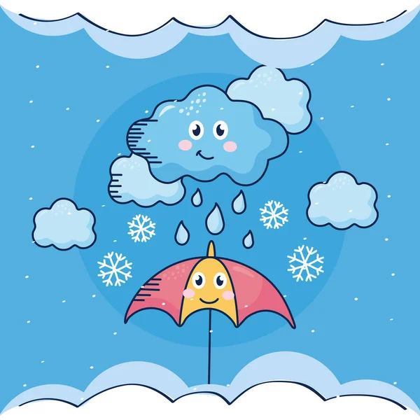Umbrella with cloud rainy kawaii weather comic character — Stock Vector