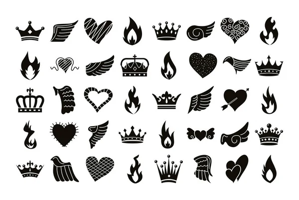 Bundle of fourty wings and flames with hearts and crowns — Stockvector