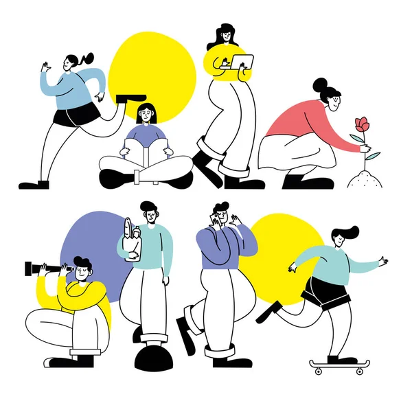 Groupe de huit personnes pratiquant des personnages d'activité — Image vectorielle