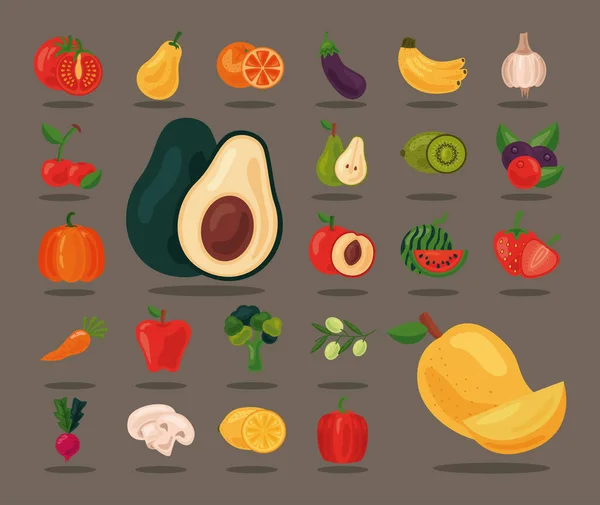 Paquet de vingt-quatre fruits et légumes frais aliments sains ensemble icônes — Image vectorielle