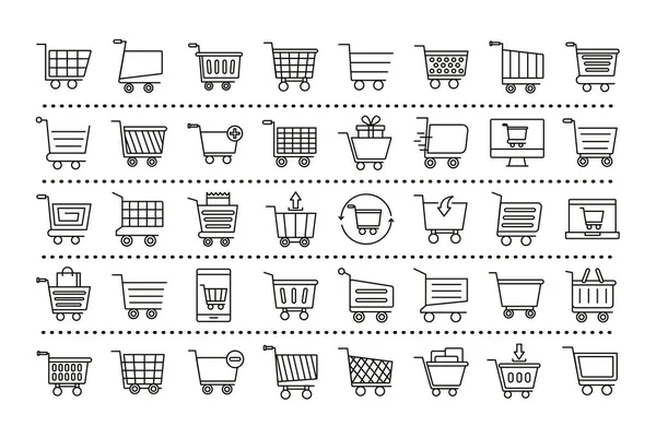 Bundle of fourty shopping carts line style icons — Vettoriale Stock