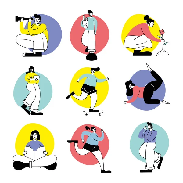 Group of nine persons practicing activity characters — Stockvector
