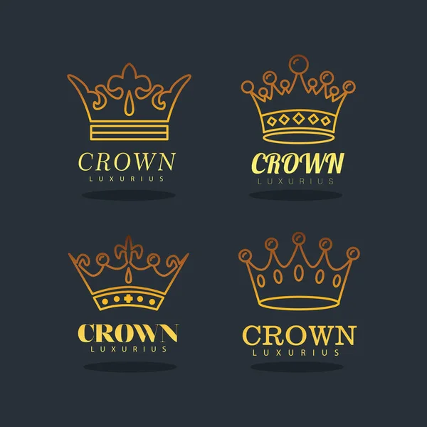 Paquete de cuatro coronas de oro iconos de estilo línea real — Archivo Imágenes Vectoriales
