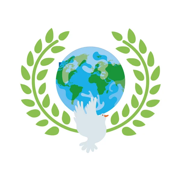 Dove bird flying with planet earth in wreath crown — Stockvector