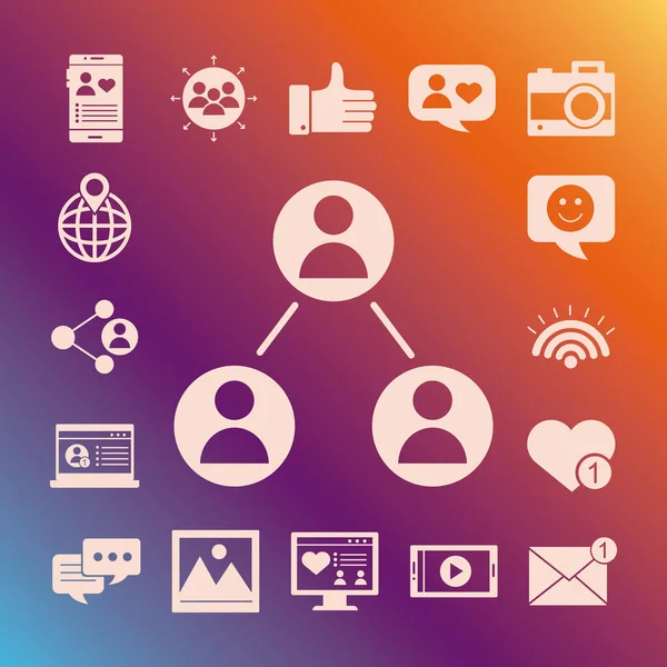 Bundle of social media set block style icons in purple background — Vettoriale Stock