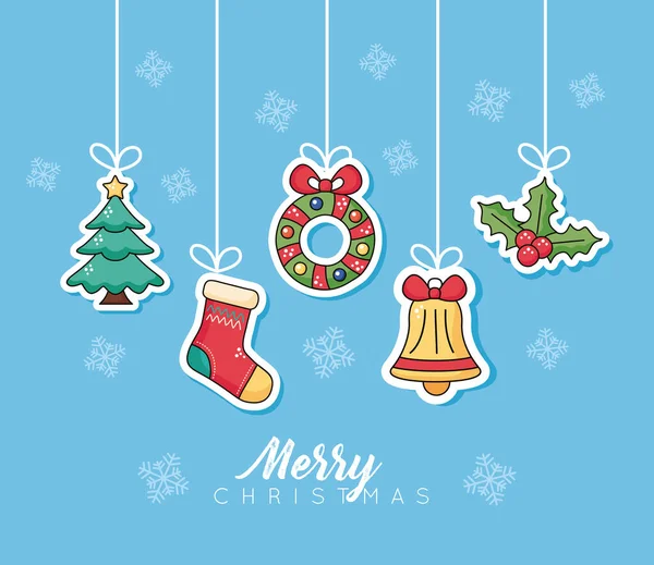 Feliz feliz feliz Navidad conjunto iconos colgando — Vector de stock