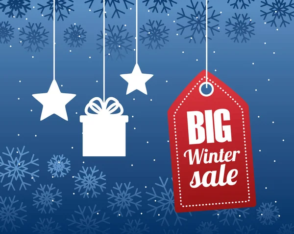 Big winter sale poster with tag and gift with stars hanging — Stockvector