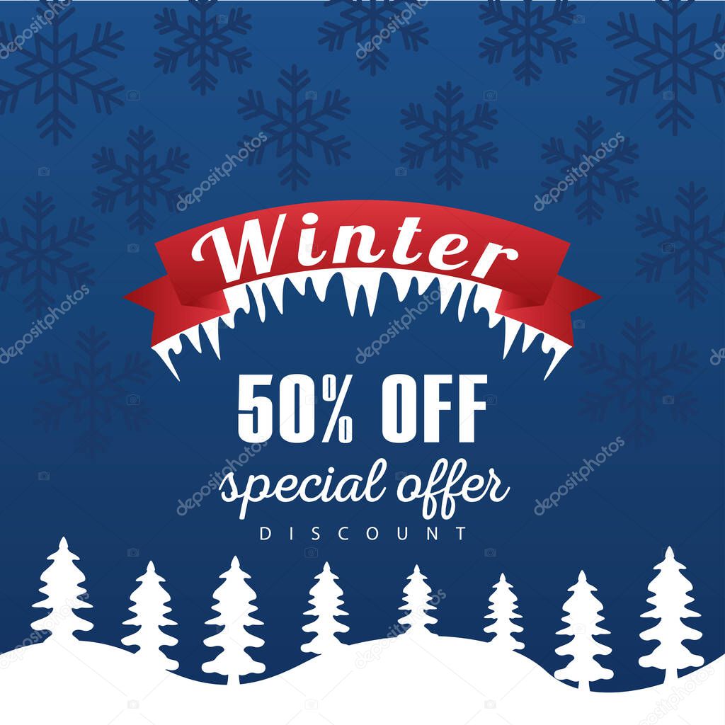 big winter sale poster with ribbon frame in snowscape
