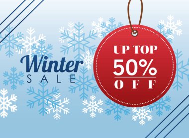 Yuvarlak etiketli ve kar taneli büyük kış indirimi posteri