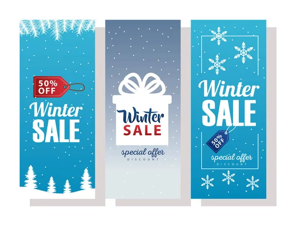 Three big winter sale letterings with gift and snowflakes — Stockvector