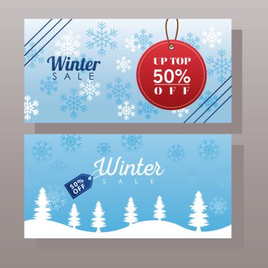 Kar manzaralarında etiketleri asılı büyük kış indirimi posteri.