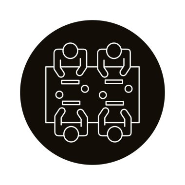 Çalışma masası eşzamanlı çizgi simgesinde oturan dört işçi