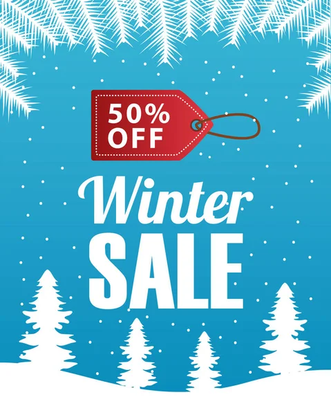 Big winter sale poster with tag hanging in snowscape scene — Stock Vector